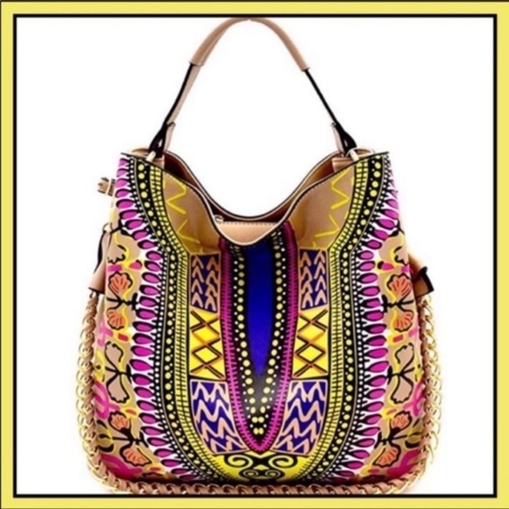 Bohemian satchel tan tribal print shoulder strap with chain zip top - Picture 2 of 9